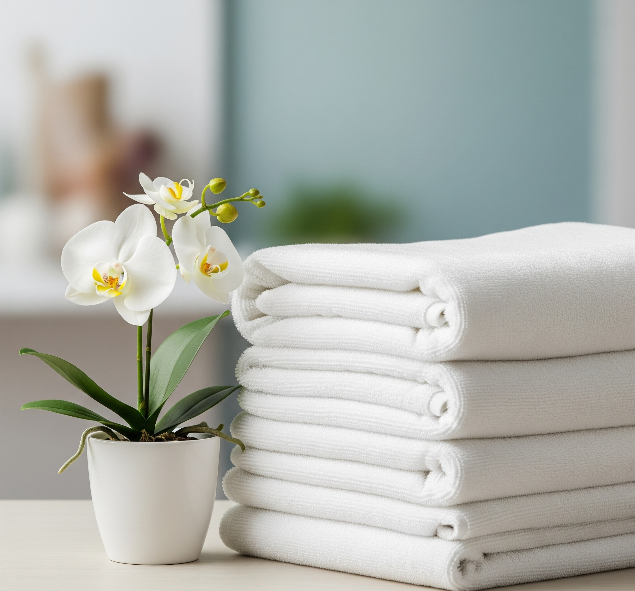 A Pristine Stack Of Perfectly Folded, Fluffy White Spa Towels.
